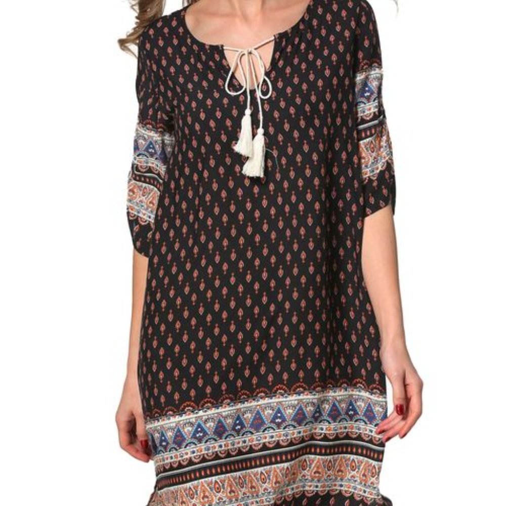 ARANEE Women's Bohemian Vintage Printed Loose Casual Boho Gypsy Tunic Dress
